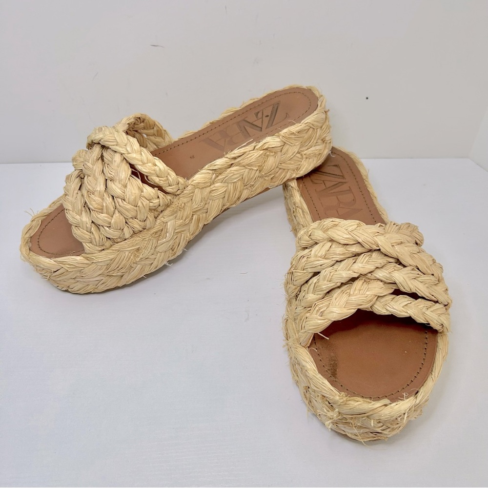 Zara Raffia Braided Platform Neutral Cream Tan Sandals Size 37